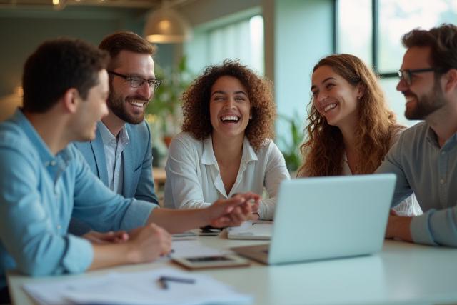 Un equipo diverso celebrando el éxito de un proyecto no-code en una oficina moderna y luminosa.